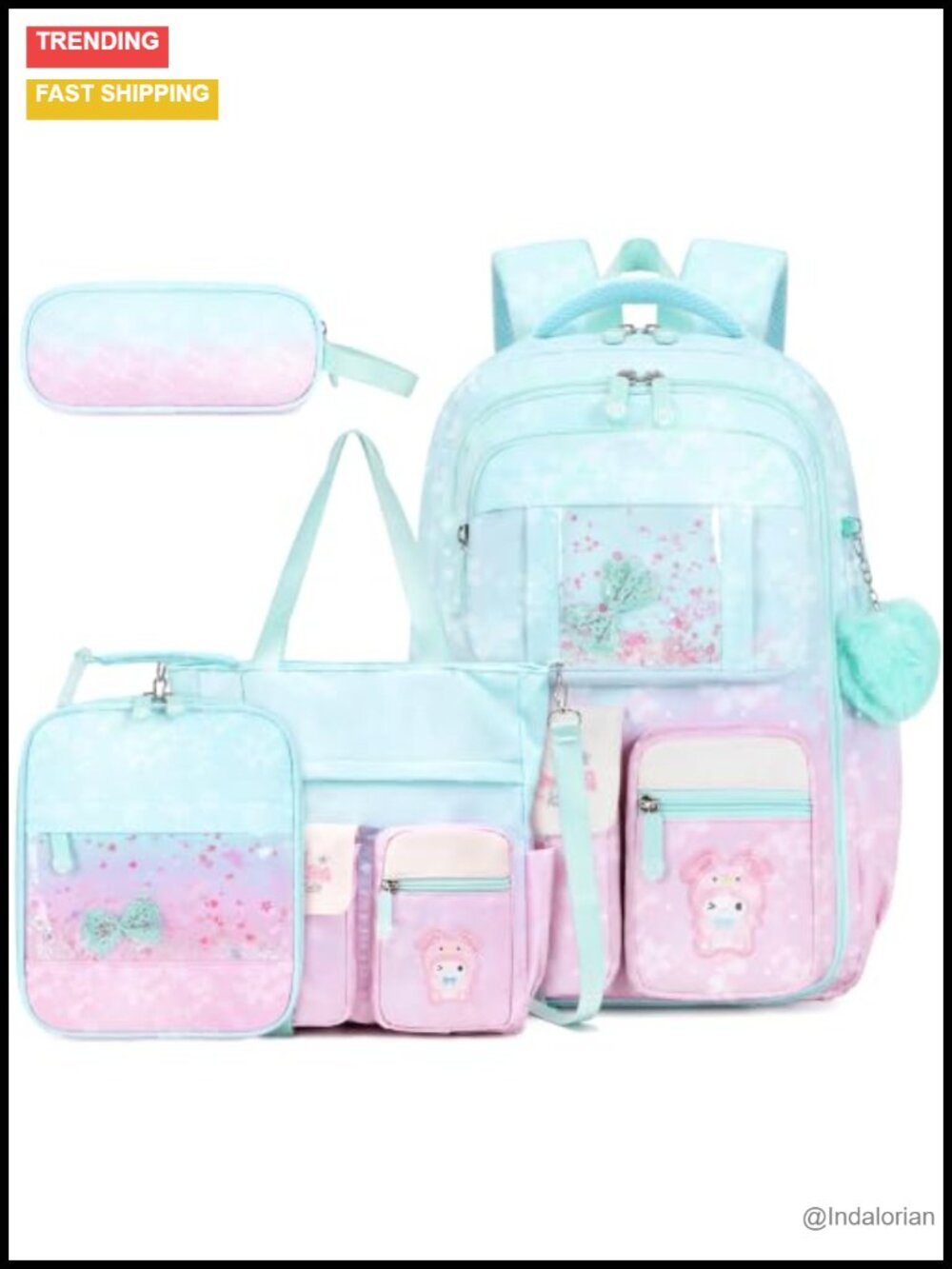 Girls Backpack Set with Lunch Bag and Pencil Case, Waterproof School Bag with